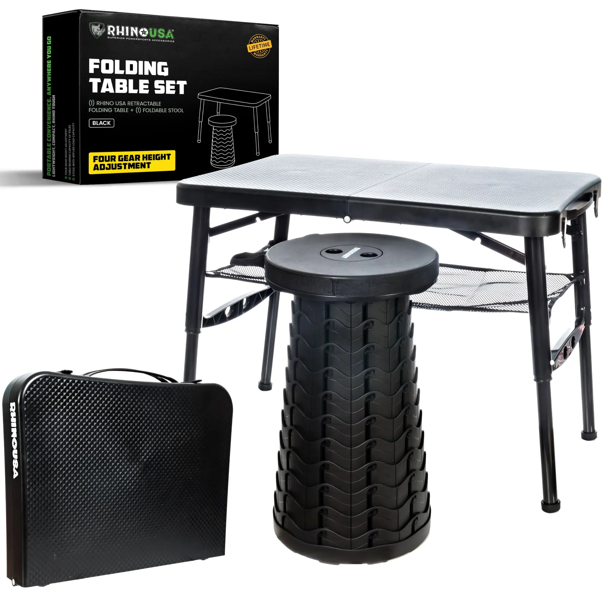 Rhino USA Portable Camping Table and Stool Set - Lightweight Foldable Camp Tables with Net for Beach Trips, Fishing, Picnic, Cooking & Much More