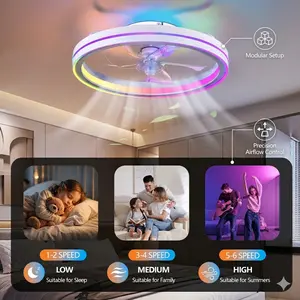 RGB Ceiling Fan with Lights, Low Profile Bladeless Fandelier, Flush Mount LED Ceiling Fan with Remote & APP Control, Modern 19IN Ceiling Fan Light for Bedroom