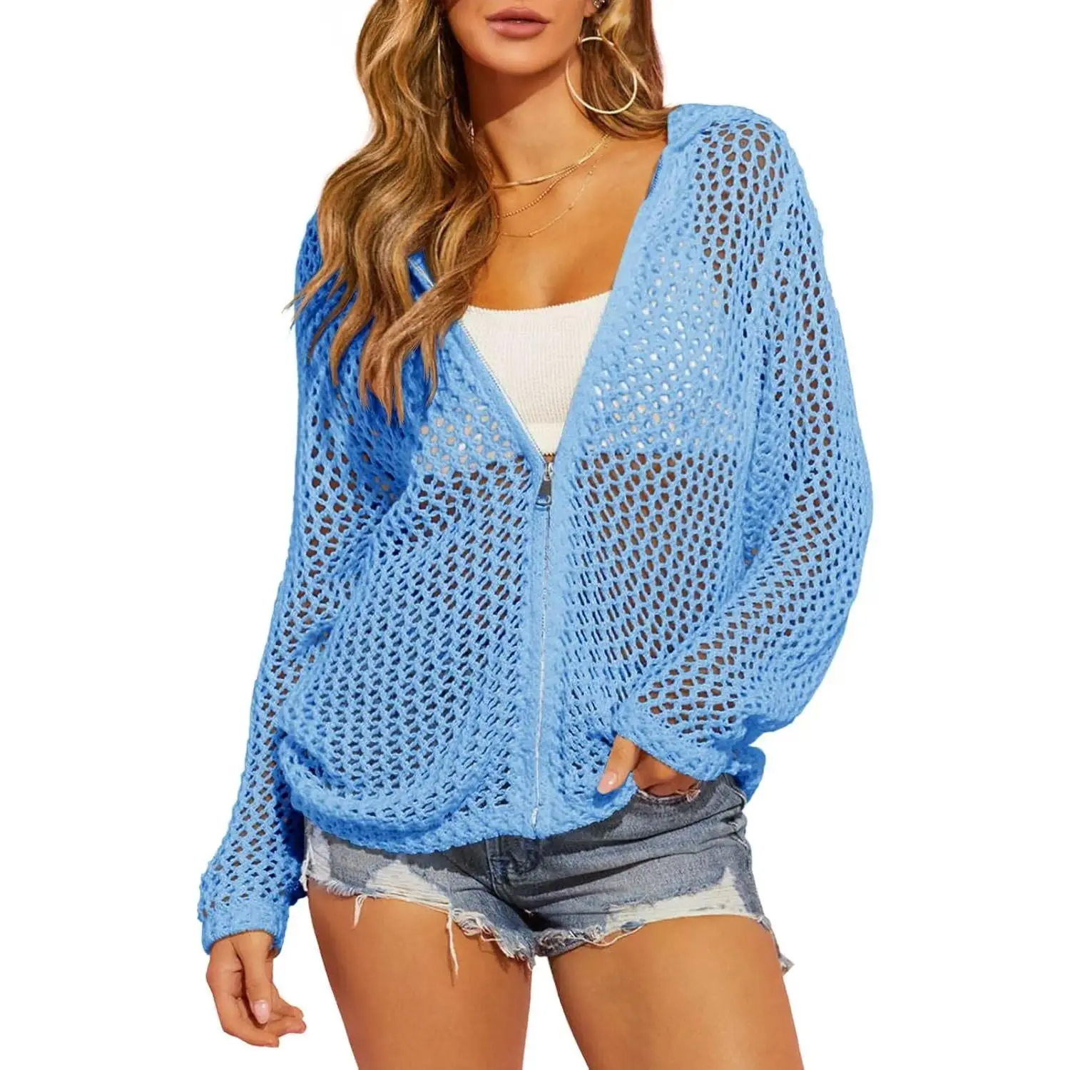 【Summervibes】Women's Crochet Lightweight Cardigan Zip Up Hooded Long Sleeve Knit Sweater Mesh Beach Swim Cover Up for Summer SpringStatements Swimsuit Coverup