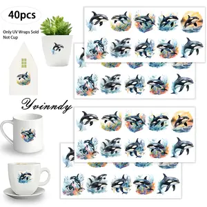 40Pcs/set Orca Iron On Stickers For Cup Be Waterproof UV DTF Printable Vinyl Paper Fun Designs Durable Construction Long-Lasting Adhesion Must-Have For Craft Enthusiasts Cups Mugs Sticker Sold Only Sticker Not Cup