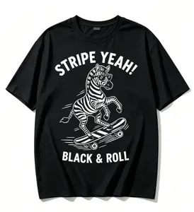 Stripe Yeah Zebra Skateboard Black & Roll T-Shirt, 100% Cotton Funny Skater Graphic Tee