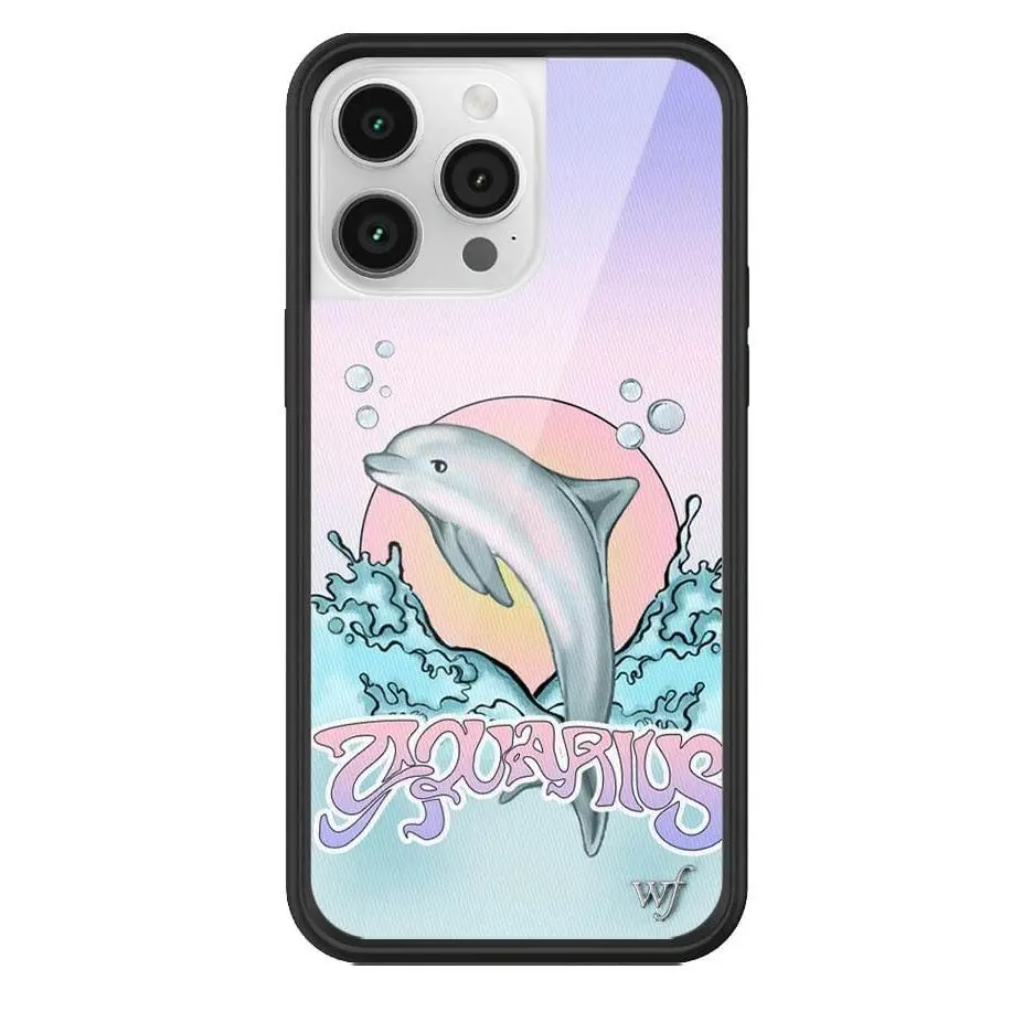 Aquarius | Limited Edition iPhone Case | Raised Protective Black Bumper | Women Owned Small Business | Zodiac Ombre Sunset Background Bright Blue Waves Cute Dolphin Bubbles | Safety Casing Protective | Cellphone Cute Aesthetic