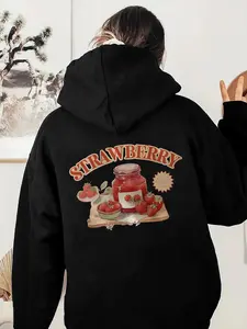 [Plus Size]Cartoon Strawberry & Letter Print Graphic Hoodie, Casual Long Sleeve Hooded Sweatshirt for Fall & Winter, Women's Plus Clothing for Daily Wear, Womenswear