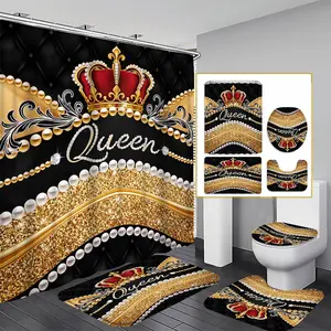 1/3/4PCS Regal Queen Shower Curtain set, Black Gold and Crowns Bathroom Decor, Accessories with Bath Mat, U-shaped Mat, Toilet Lid Cover, 12 Hooks 180x180cm Curtain, Majestic Rule, Home Decor, bathroom accessories.