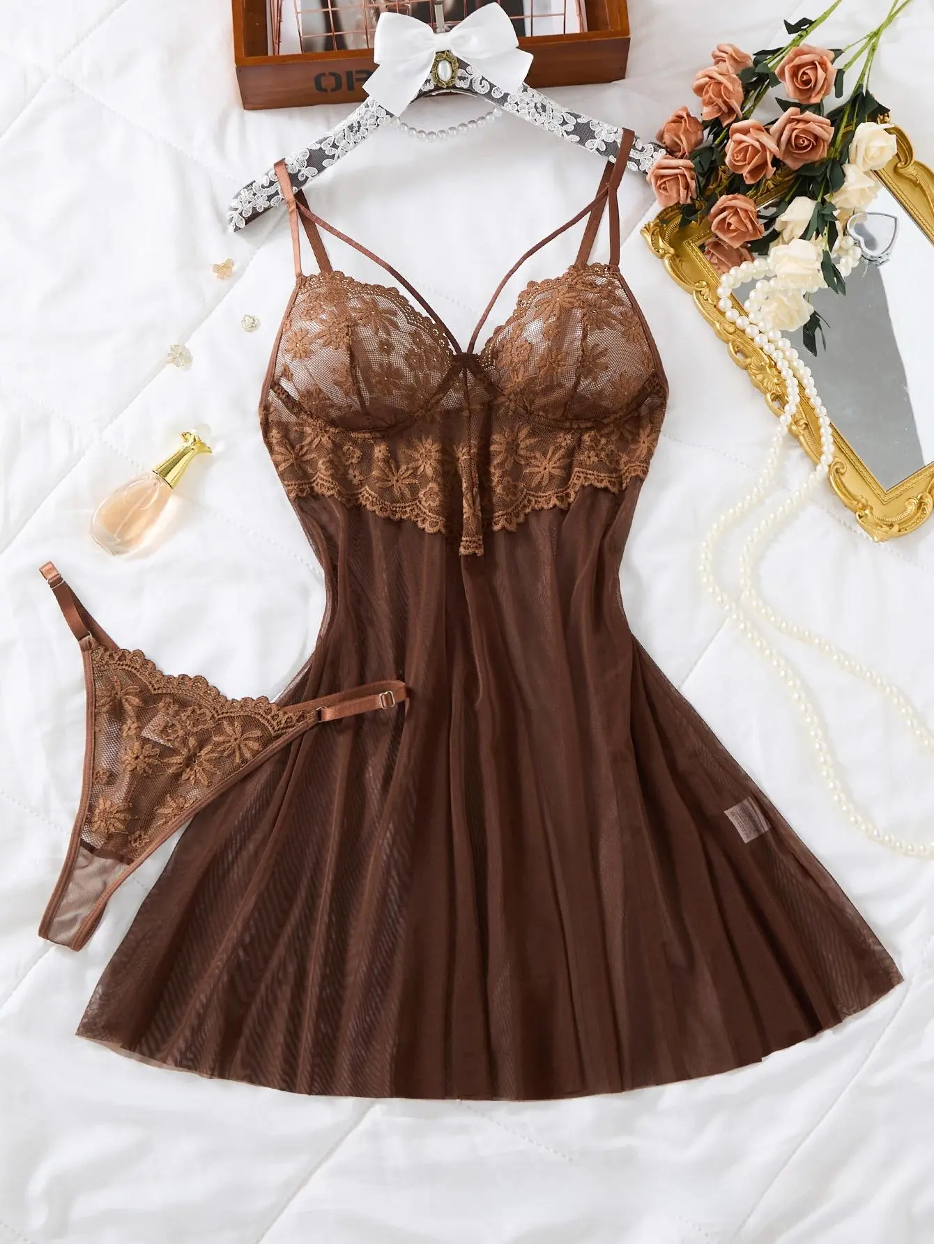 Women's Floral Lace 2-Piece Chemise Set - Sleeveless Thin Spaghetti Straps, Sweetheart Plunge V-Neck, Built-In Cups, Chiffon Rayon A-Line Silhouette Sheer Skirt, High-Cut Thong Panty - Honeymoon Intimate Loungewear Nightwear, Hand Wash Only