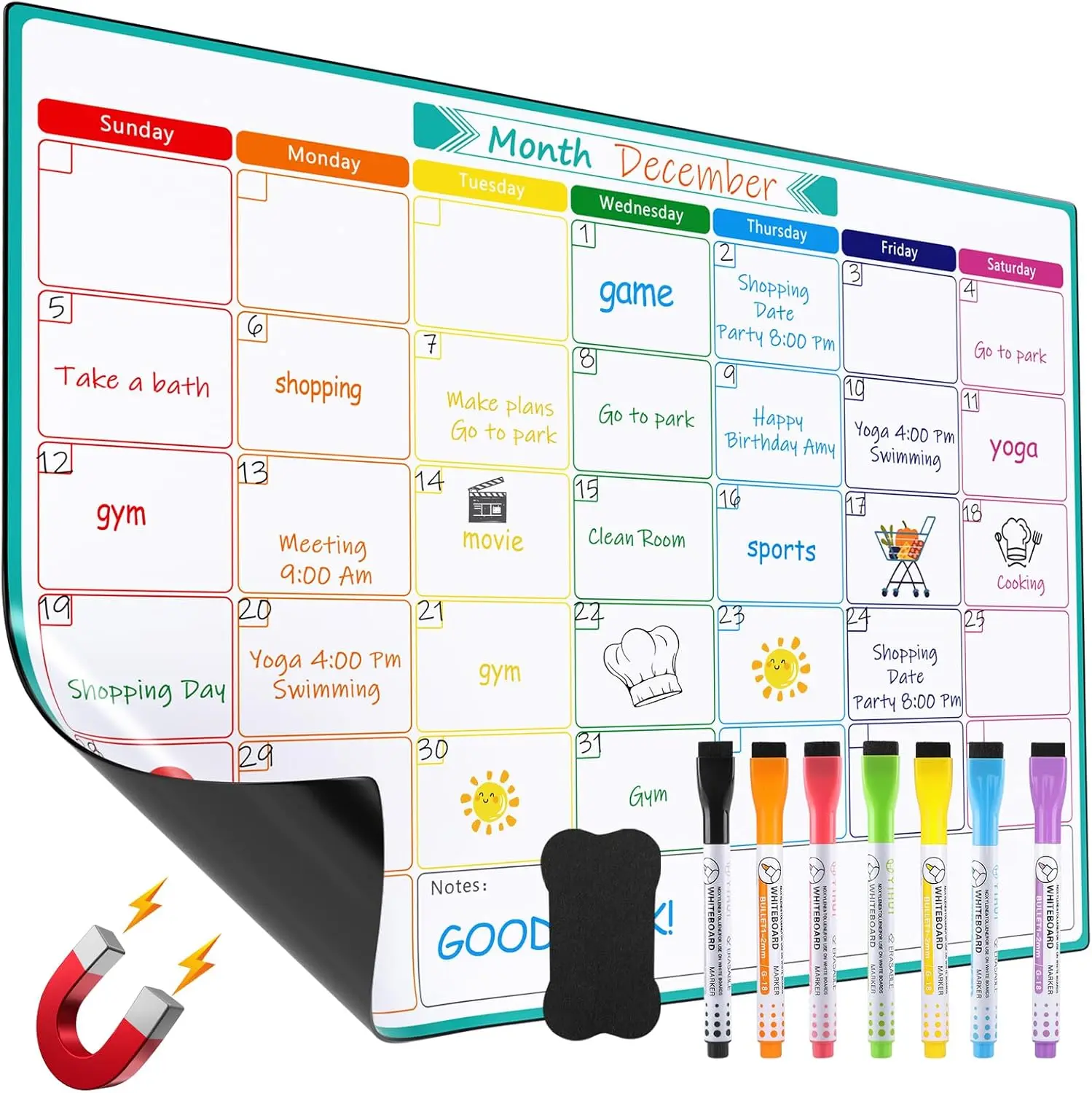 MaxGear Magnetic Dry Erase Wall Calendar Weekly Planner - 16"x12" Fridge Mount, Strong Magnet for No Sliding, Multiple Layouts, Easy-to-Clean Organizer for Busy People, 7 Markers & 1 Eraser
