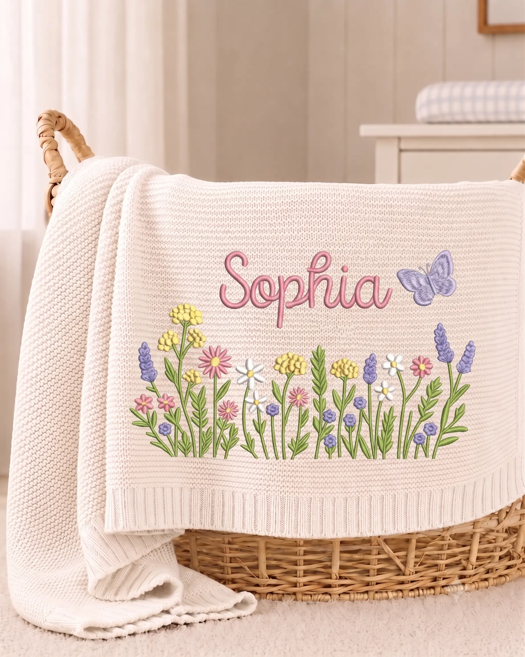 [Made-to-Order] Personalized Wildflower Embroidered Name Blanket, Custom Floral Knit Baby Blanket, Botanical Cottagecore Blanket, Blooming Garden Keepsake Gift