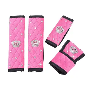 4PCS/Set Crystal Soft Plush Car Hand Brake Cover Gear Shift Knob Cover Auto Seat Belt Covers Diamond Crown Decor Pink Black