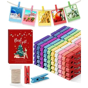 Mini Clothes Pins for Photo, Small Colored Clothespins 100 Pack Wooden Rainbow Colorful Picture Clips with 32 FT String for Crafts, Little  Shower, Display Artwork, Hanging Decorative  Cards