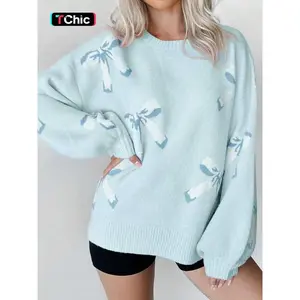 Women’s off-shoulder sweater with bow print, autumn–winter casual long-sleeve crewneck sweater, fashionable women’s knitwear for everyday wear GARMENTARY