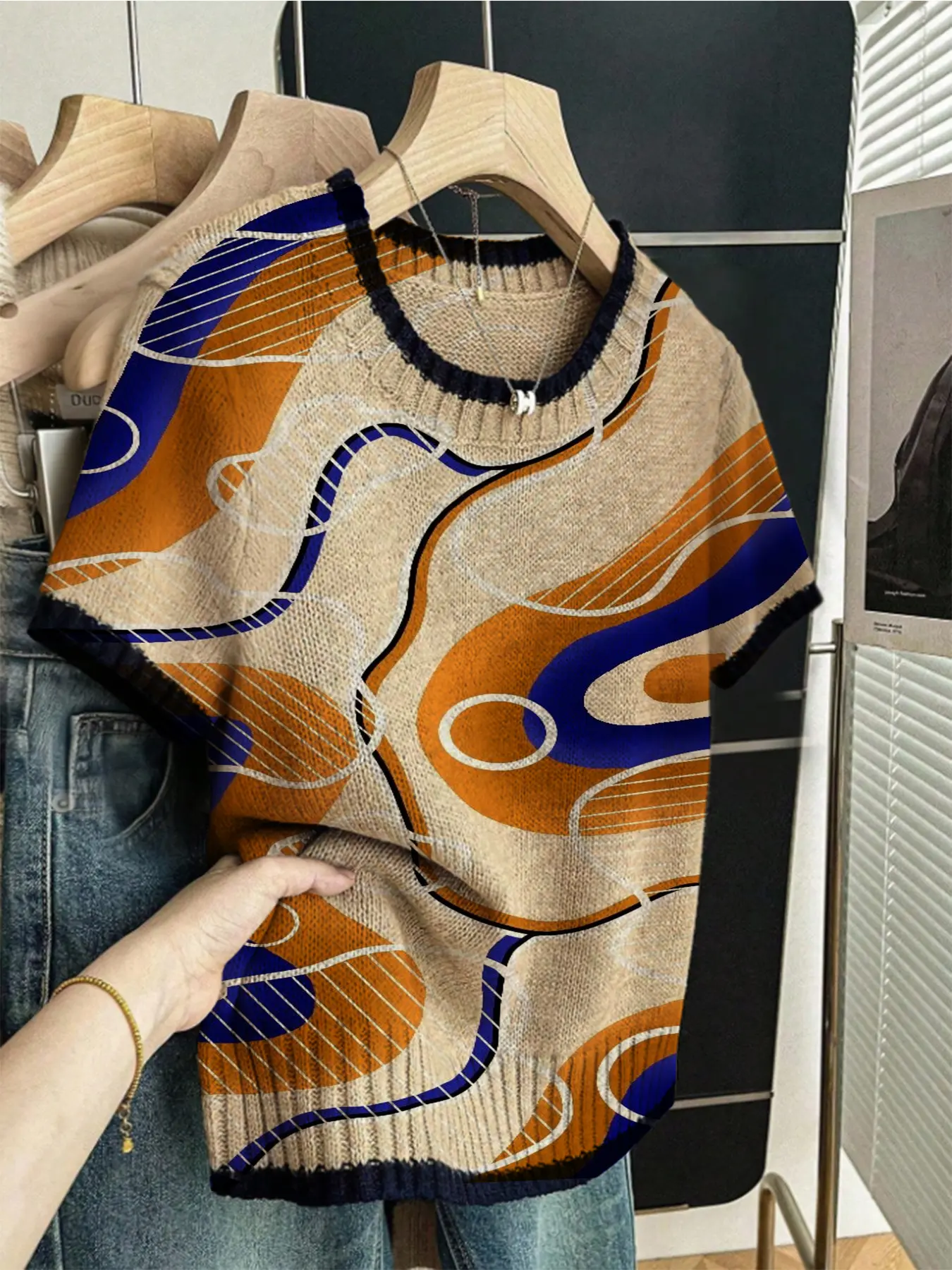 Women's Vintage Natural Style Colorblock Abstract Wave Cloud Print Round Neck Sweater, Casual Short Sleeve Knit Top for Spring Fall