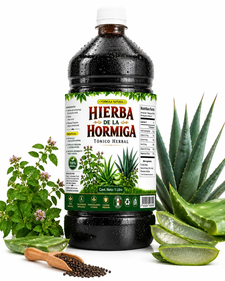 1L Natural Hormiga Herb Juice Jug - Edible Maguey, Sabilla Aloe Vera Infused Functional Beverage - Mexican Wellness Tonic for Beauty, Fitness & Vitamin Support
