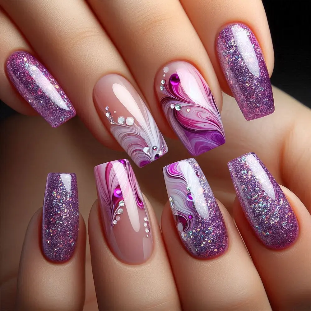 Purple Ombré French-Style Press-on Nails with Star Accents, Glitter Swirls, and Rhinestones