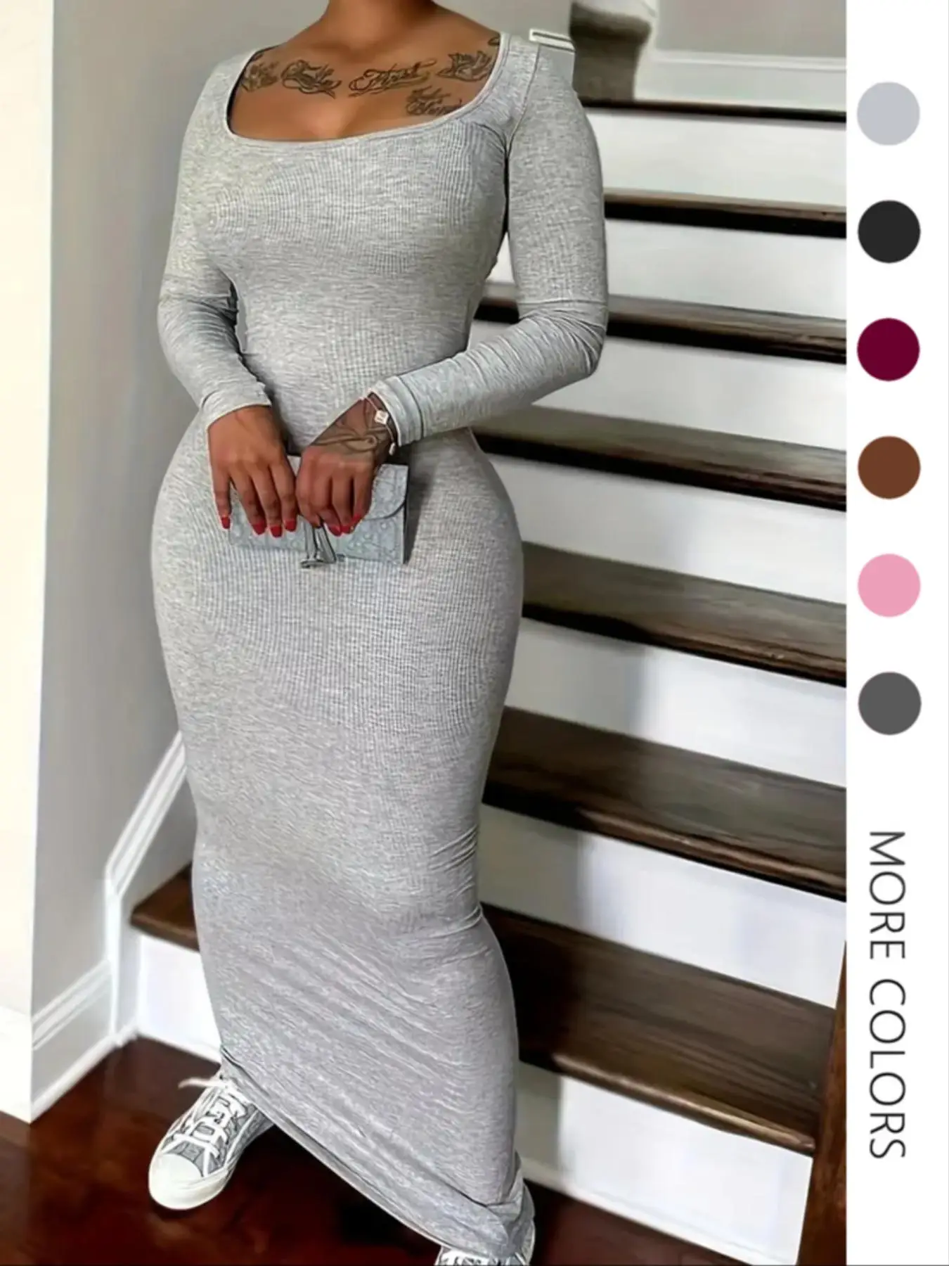 Women's Solid Scoop Neck Ribbed Bodycon Dress, Casual Long Sleeve Long Dress for Fall & Winter, Women's Clothing for Daily Wear