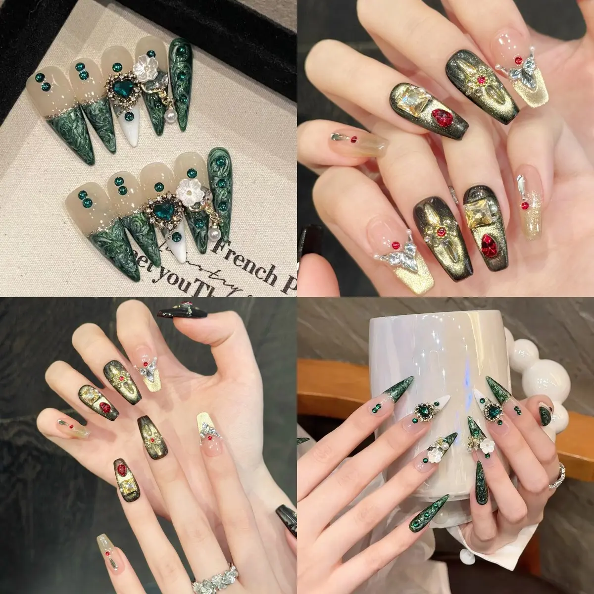 Clearance Kallfrane handcrafted wearable press-on nail design — premium 3D stereo, easy to apply and remove, floral ocean theme with zircon cat-eye glitter nails Sparkly Rhinestone