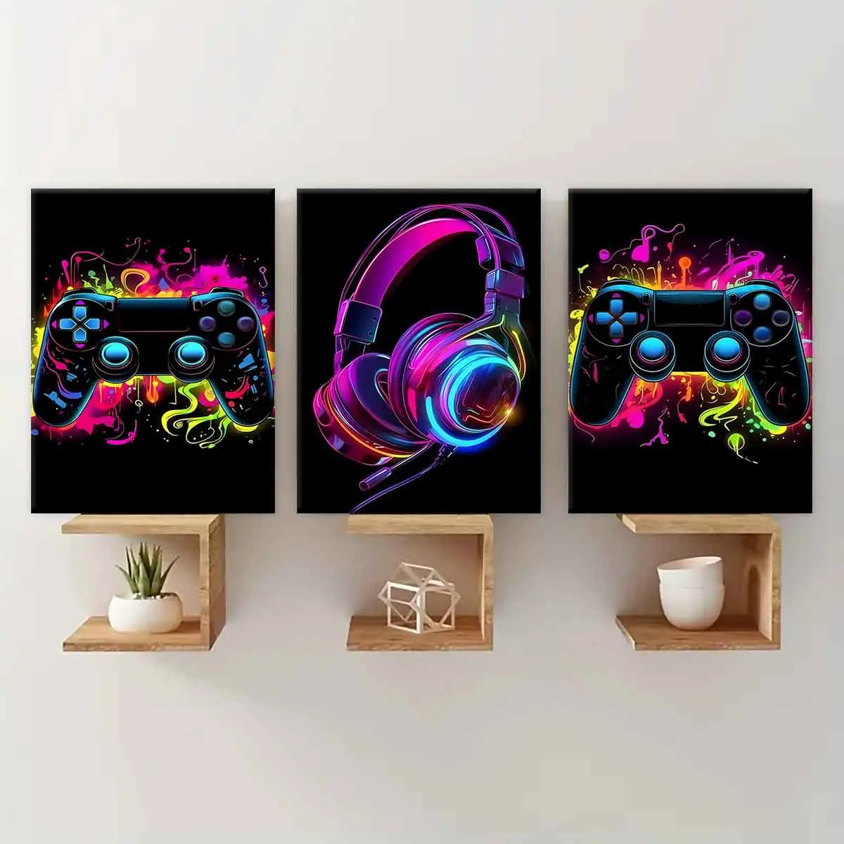 3-Piece Neon Style Gaming Controller Posters, Solid Wood Frame Canvas Art, Modern Wall Decor for Game Room & Living Area, Modern Home Decoration, Wooden Wall Art, Canvas Prints