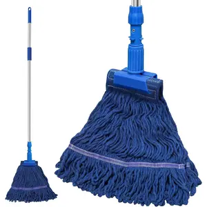 Commercial Mop for Floor Cleaning, Heavy Duty Industrial Mops with 55 inches Long Handle, Looped-End Wet Dry String Mop for Hardwood Tile Concrete  Kitchen Office Garage (Blue)