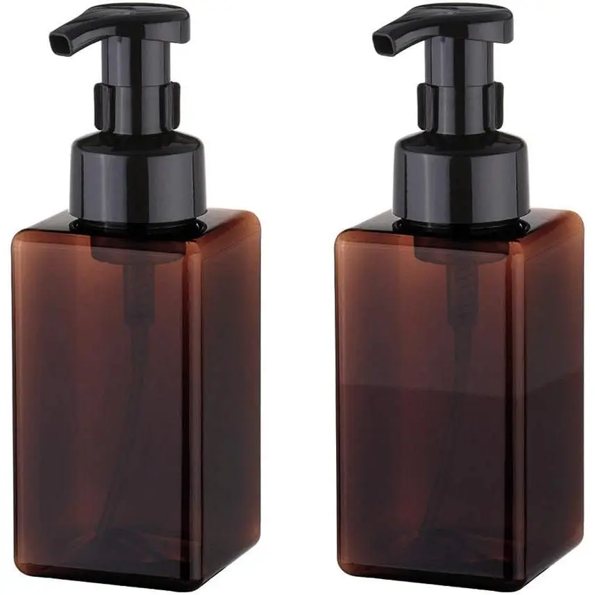 Amber Reusable Foaming Pump Dispenser Bottles, 2-Pack (15 oz/450ml, 67x67x190mm/2.64"x2.64"x7.48") Plastic Containers for Hand Soap, Shower Shampoo, Body Wash - Kitchen, Laundry Room Use, Reduces Soap Consumption