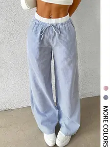 Women's Striped & Patchwork Print 2-in-1 Drawstring Waist Wide Leg Pants, Casual Elastic Waist Pocket Trousers for Spring & Fall, Fashion Women's Bottoms for Daily Wear