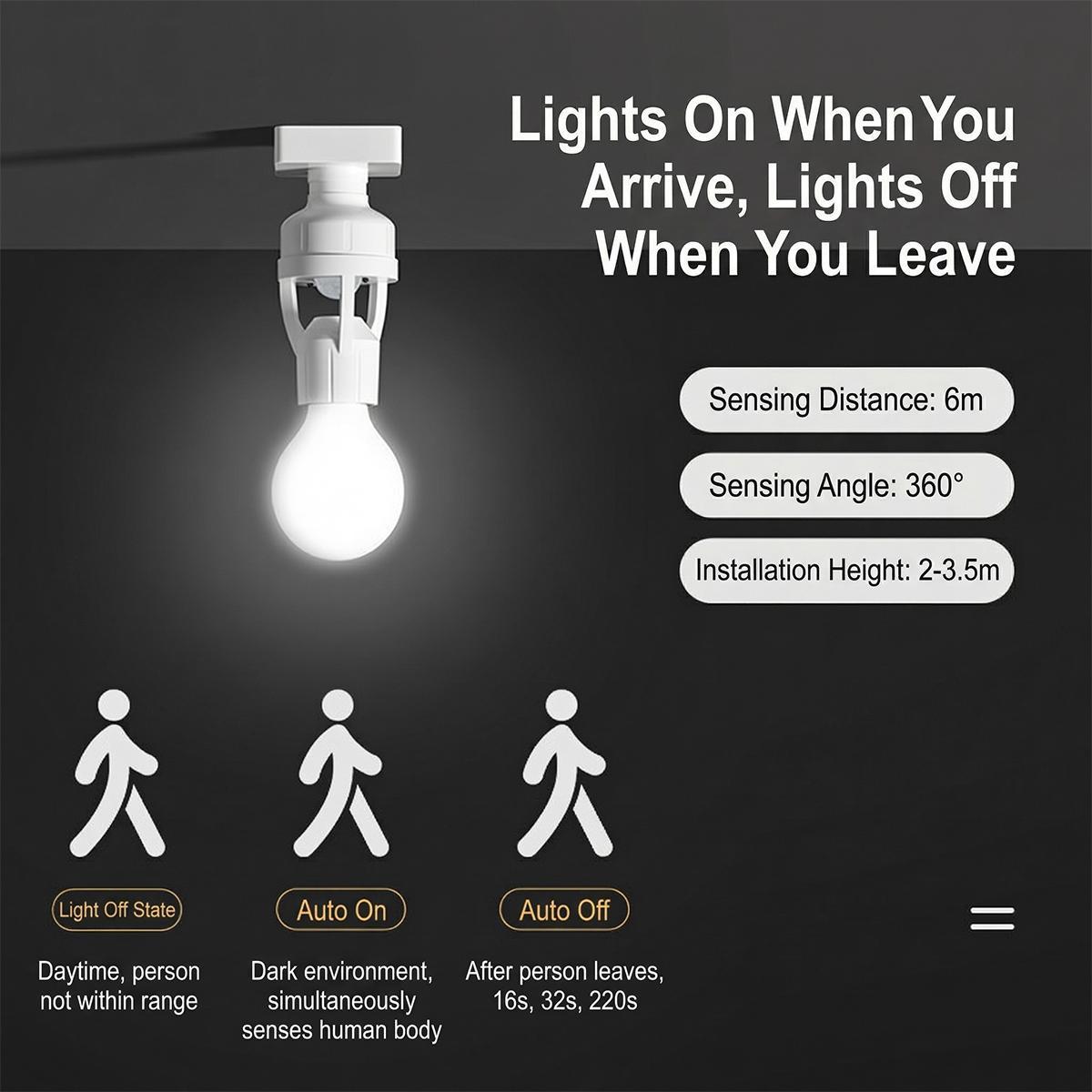 Motion Sensor E27 Light Socket Converter, Adjustable Delay Time Switch, Color Temperature Control, Base, Home Use Bulb Adapter Motion Sensor E27 Light Socket Converter, Adjustable Delay Time Switch, Color Temperature Control, Base, Home Use Bulb Adapter