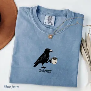 Comfort Colors Hello Darkness My Old Friend T-Shirt, Black Bird Coffee Graphic Tee, Funny Retro Coffee Lover Shirt, Comfy Vintage Style Tee for Women and Men, Basic Cotton T-Shirt