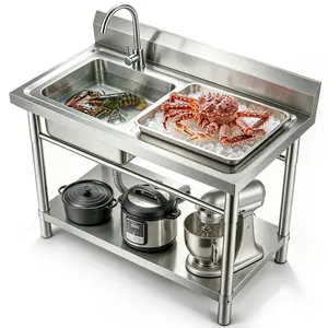 31.5-Inch Freestanding Stainless Steel Utility Sink, Single Bowl Kitchen Sink with Hot & Cold Water Faucet, Workbench & Storage Shelf, Indoor/Outdoor Laundry Farmhouse Sink for Kitchen, Bathroom, Laundry Room drop station