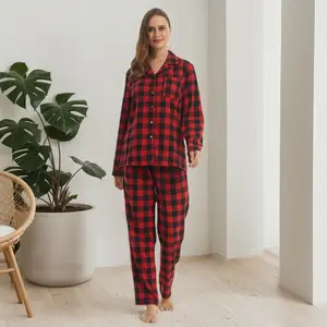 pajama sets women Women's Soft Flannel Plaid Pajama Sets Long Sleeve Button-Up Shirt & Elastic Waist Drawstring Pj Pants Breathable Cute Sleepwear Loungewear