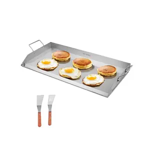 summervibes Stainless Steel Flat Top Universal Fry Griddle, 32x16 in Gas Grill BBQ & Teppanyaki Plate, Portable Outdoor Griddle with Handle for Camping, Family Cookware