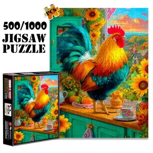 1pc 1000 piece adult puzzle 70x50cm Colorful Rooster in a Sun - flower Filled Kitchen Scene 500 pieces paper jigsaw puzzle House Puzzle suitable for DIY creative games for adults and families, birthday and hol Birdie Jigsaw Puzzle