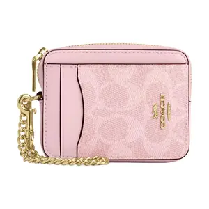 COACH Classic Logo Card Case with Gold Hardware and Coated Canvas for Women in Pink