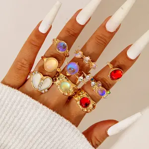A Set of 9pcs of Vintage-Style Heart-Shaped Rings Adorned with Colorful Rhinestones, Perfect for Stacking. This Geometric Metal Open Ring Jewelry Set Is an Ideal Gift for Women for Parties, Valentine'S Day, And Dates