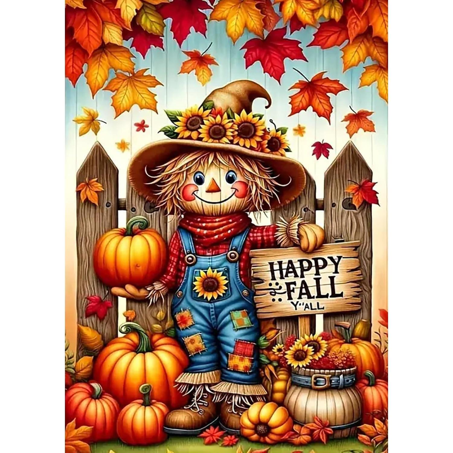 GemZono 5D Square Drill Diamond Painting Kit, Cute Fall Scarecrow Pumpkin Sunflower Maple Leaf Wooden Fence Autumn Harvest Crystal Rhinestone Wall Art Decor Gift, Waterproof Plastic DIY Needlework Toy for Thanksgiving, Graduations