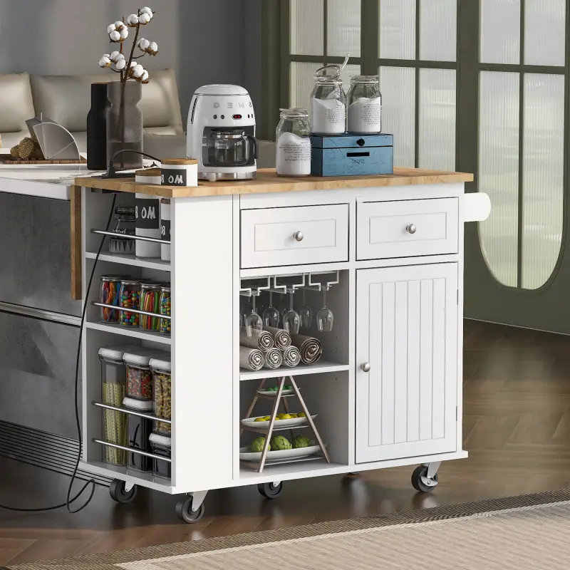 Kitchen Storage Island with Power Outlet, Drop Leaf,Open Storage, Wine Rack,5 Wheels, Adjustable Storage for Kitchen, and Dining Room, bow cabinets, sturdy cup cupboards & cabinets, Coffee Table, Drawer Dresser