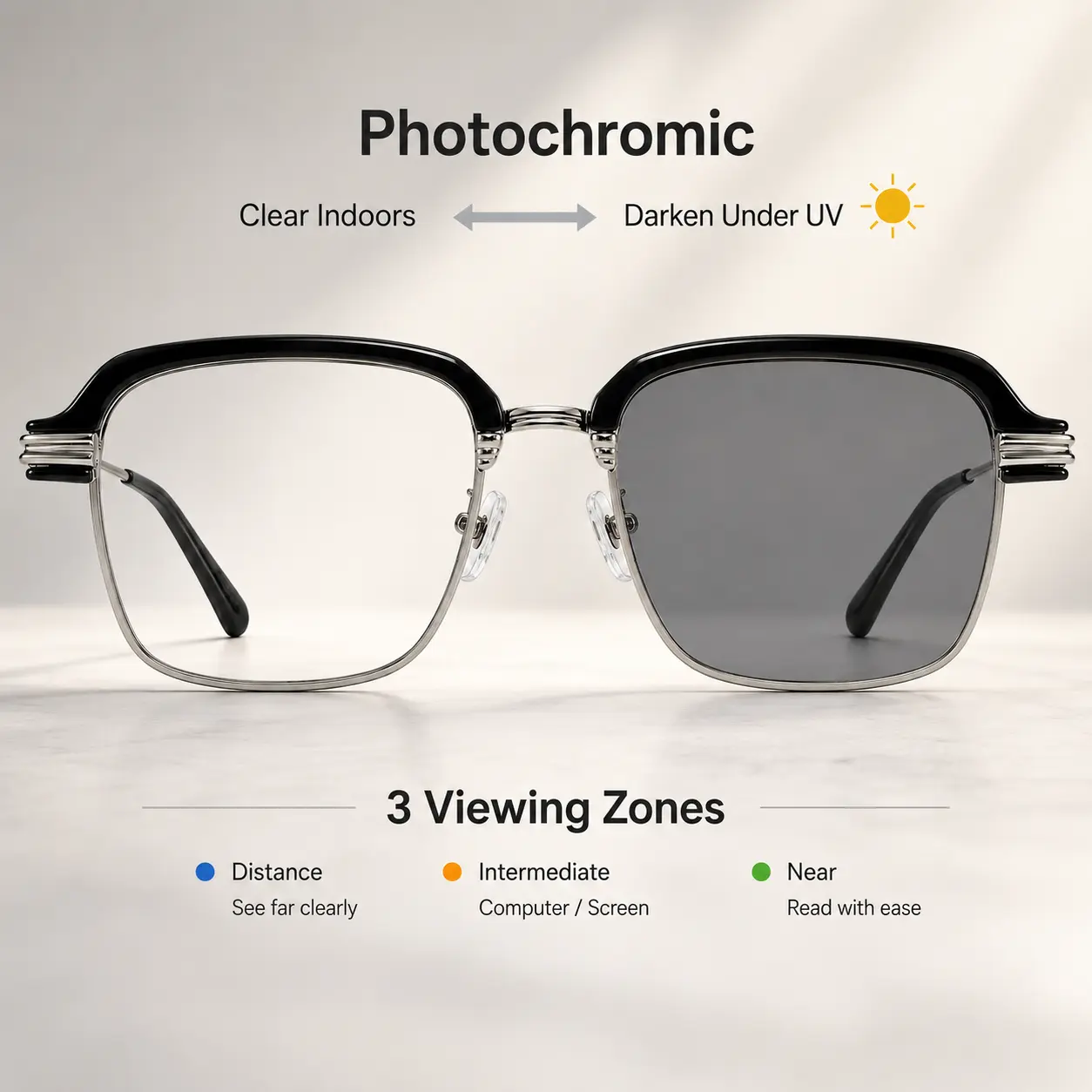 Semi-Rimless Reading Glasses for Men & Women, Multifocal Photochromic Metal Frame in Black Gold with Blue Light Filtering for Daily Wear, Indoor/Outdoor, One Pair