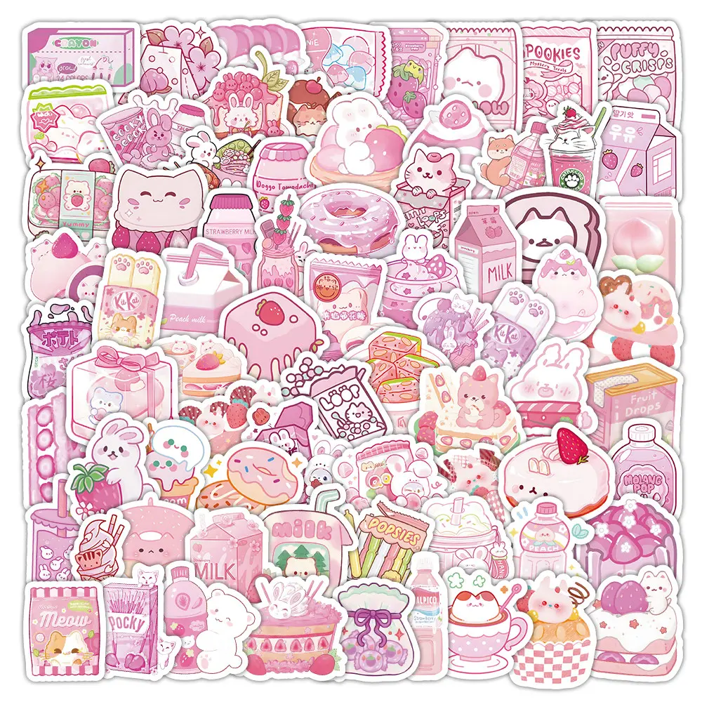 103Pcs Adorable Pink Food Snacks Stickers Waterproof Decor Decals Cute Scrapbooking Sticker Set