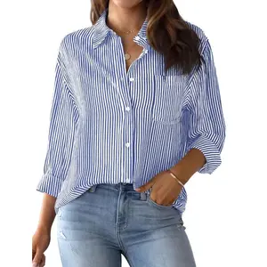 Wrinkle-ResistantWomen'sButtonDownShirtsStripedLongSleeveCollaredBlousesTopswithPocket