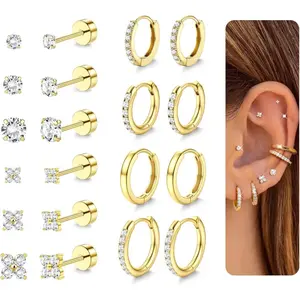 YADOCA Hypoallergenic Surgical Steel Earrings 14K plated Gold Flat Back Earrings for Women Trendy 316L Stainless Steel Flatback Stud Earring Sets for Multiple Piercing Small Cartilage Hoop Earring Stacks