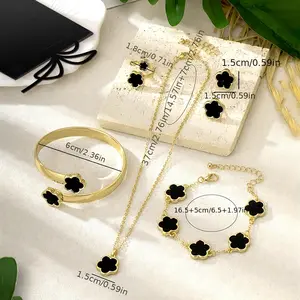 5Pcs/ Five Leaf Clover Jewelry for Women Set, Necklace Bracelet Bangle Earrings Ring Set Fashion Jewelry, Lucky Flower Decor Sparkling Rhinestones, Trendy All-match & Exquisite Jewelry Set for Gift, Women Gifts