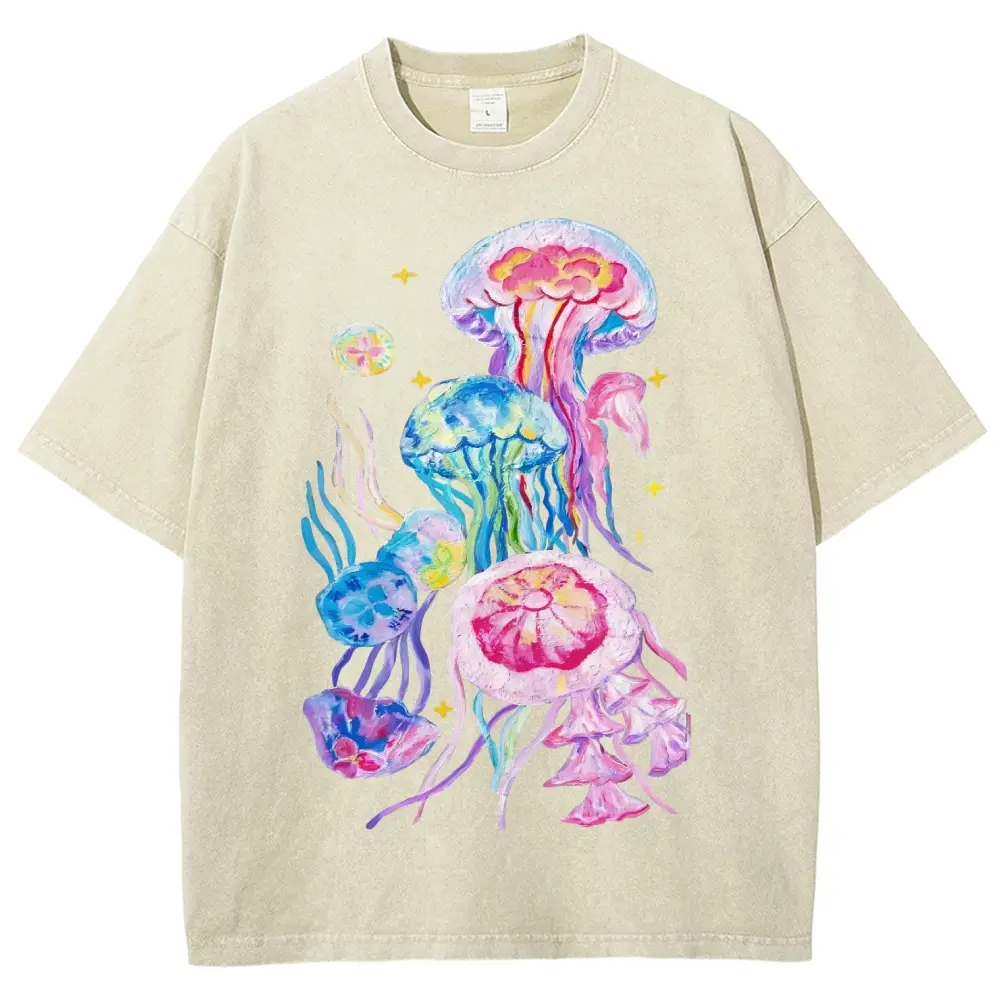 Watercolor Rainbow Jellyfish Sea Life Vintage Tee 90s Graphic Tees Men's t Shirts Graphic Tee t Shirts Funny Graphic Tee Good Graphic Tees Men's Graphic Tees Streetwear Outfits Men Vacation Outfits Oversized Tshirt Men