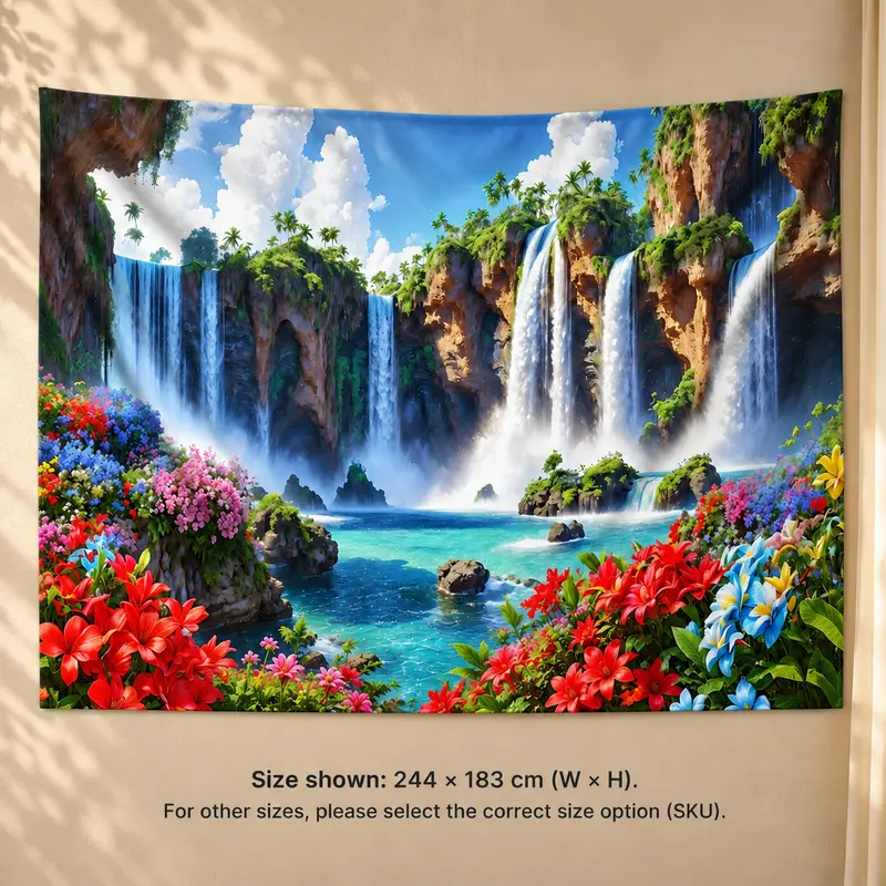 1pc 2D Flat Print Banner, Tropical Waterfall and Floral Landscape Design, Polyester Wall Hanging with Blue Sky Cliffs and Turquoise Water for Home Decoration
