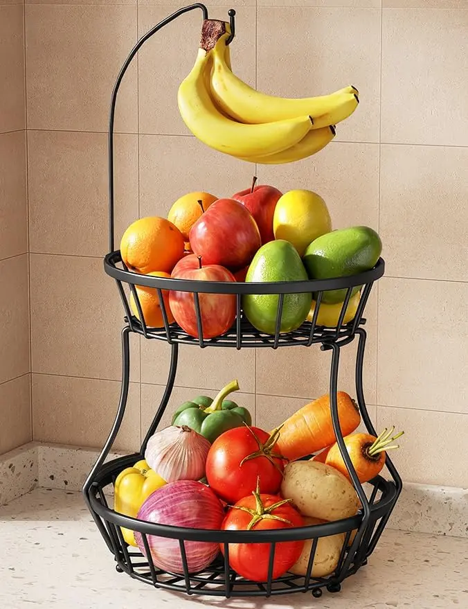 [USA - STOCK] 2-Tier Fruit Basket Bowl Stackable Vegetable Storage with Banana Tree Hanger Stand for Kitchen Countertop, Metal Wire Basket for Bread Onions Potatoes (Black)