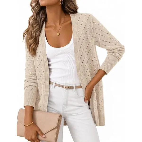 MEROKEETY Women's Fall Crochet Lightweight Cardigan Sweater | Long Sleeve, Long Length, Pointelle Ribbed Knit Sweater, Relaxed Fit, Open Front, Elegant Casual Outerwear, Trendy Clothes