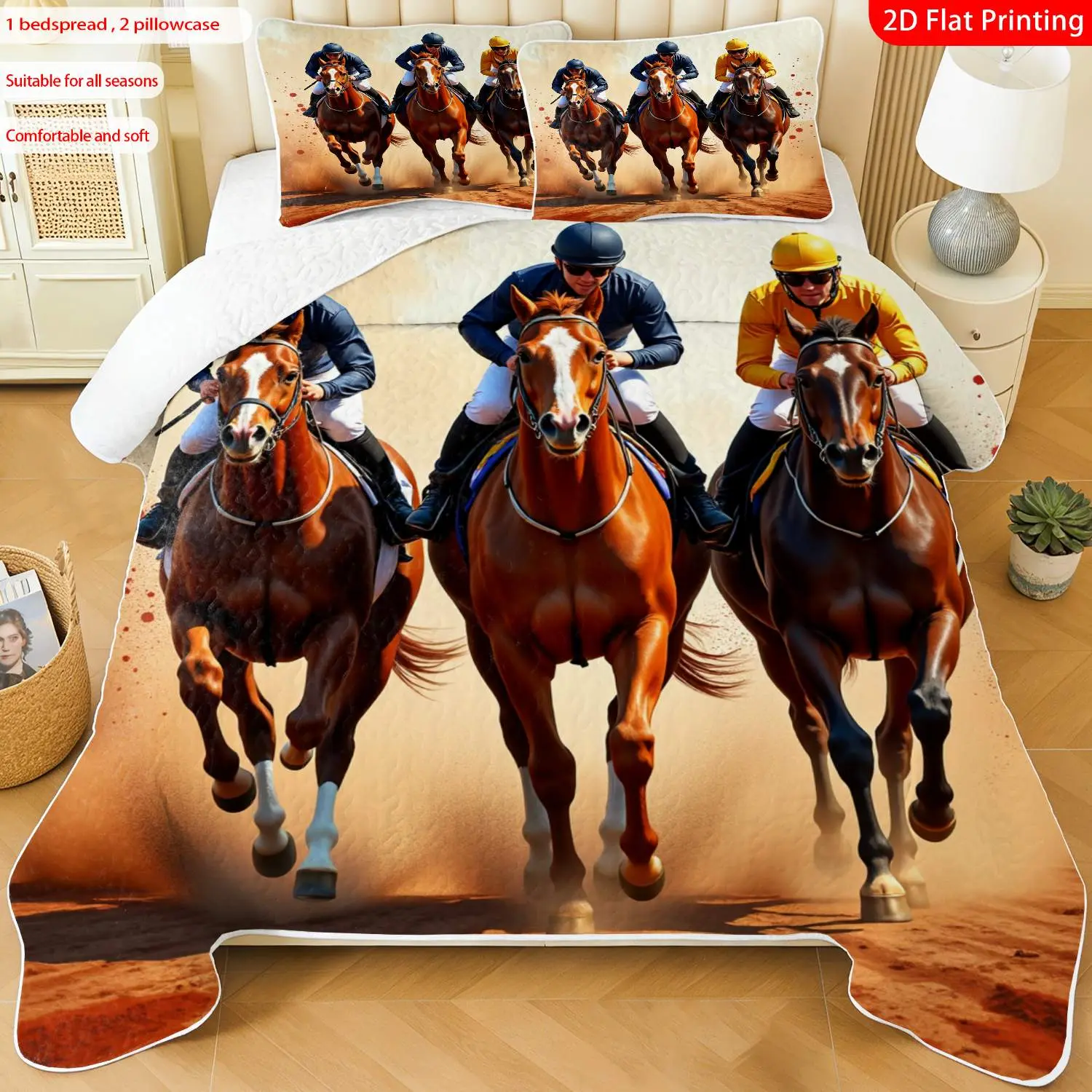 3 pcs, 2D Flat Print Horse Racing Theme Modern Bedspread Set, Soft and Comfortable, Multiple Sizes Available, Suitable for Gifting and Daily Use, Ideal for Creating a Cozy Home Atmosphere(1 bedspread , 2 pillowcases)