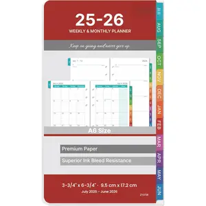 2025-2026 Planner Refills - Planner Refills 2025-2026 from July 2025 to June 2026, Weekly and Monthly Calendar, 3.75 x 6.75 inch, 6 Holes, A6 Size - Red