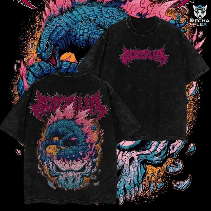 Godzilla Kaiju Graphic T-Shirt, Unisex Retro Oversized Heavyweight Cotton Top with Vintage Wash and Round Neck for Streetwear Fans, Menswear