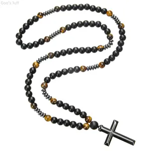 Men Jewelry Pendant Viral TikTok Hip Hop Cross Necklace Natural Hematite Tiger Eye Healing Stone Chain Religious Christian Cross Charm for Men Authentic Energy Crystal Adjustable Street Rap Spiritual Wear