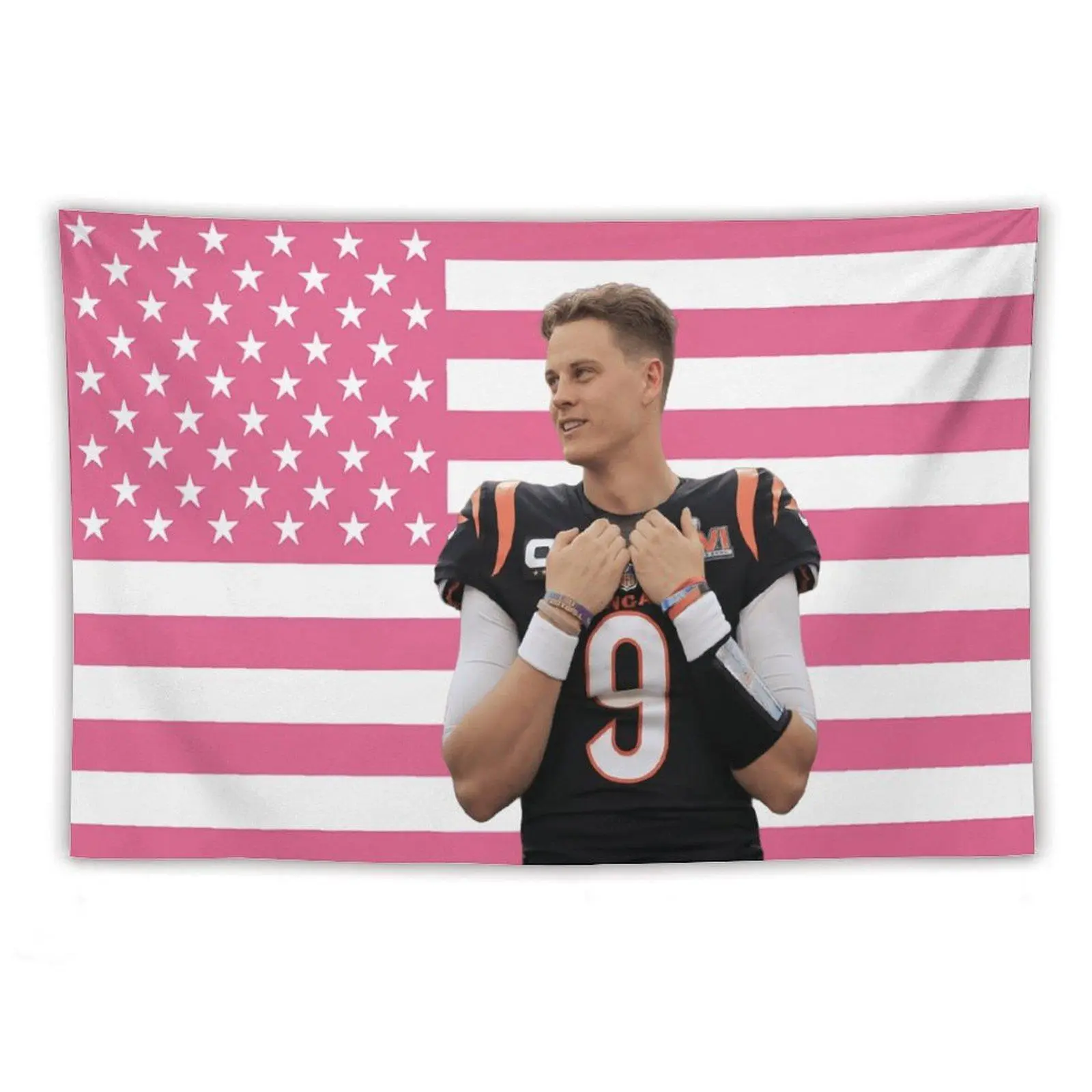 Joe Burrow Rectangular 1-Piece Pink American Flag Cotton-Linen Watercolour Print Tapestry - Multi-Size Brightening Home Decor, Hand Washable Outdoors Supply, Fan Gift, Glam