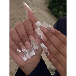 24pcs Rectangle Adhesive Nail Stickers, White French 3D Butterfly Crystal Decor, Camellia Pattern, White Ombre False Nails, Nail Art Supplies For Women And Girls