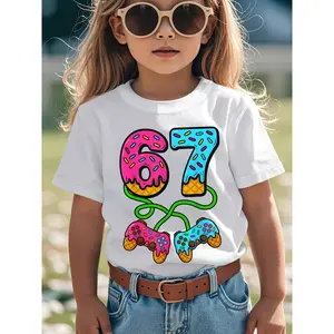 Girls' 67 Ice Cream Drip Meme Graphic T-Shirt -  Number 67 with Sprinkles & Donut Design, Casual Round Neck Summer Top for Gamers, Trendy Streetwear, Birthday Party Outfits (Comfortable Knit Fabric, Spring/Summer Wear
