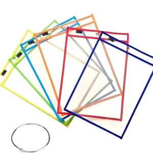 Rainbow 6 pcs Dry Erase Sleeves with Markers & Mini Erasers - 10"x14" Reusable Clear Plastic Sheet Protectors for Teachers and Office Use